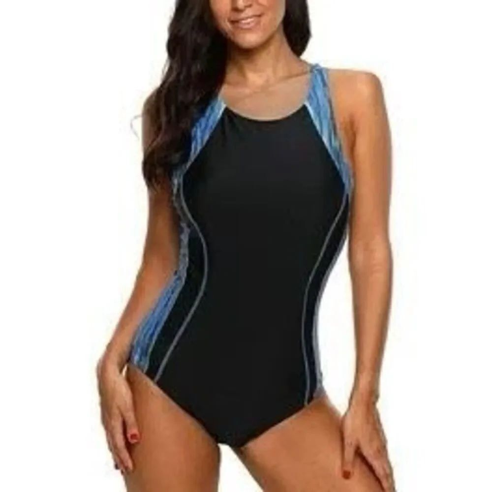 Land's End Size 12 High NeckโOne Piece Swimsuit Black Blue Colorblock Sporty